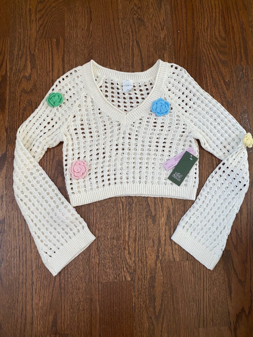 Wild Fable Crochet Knit Crop Sweater Floral Applique Cream XS